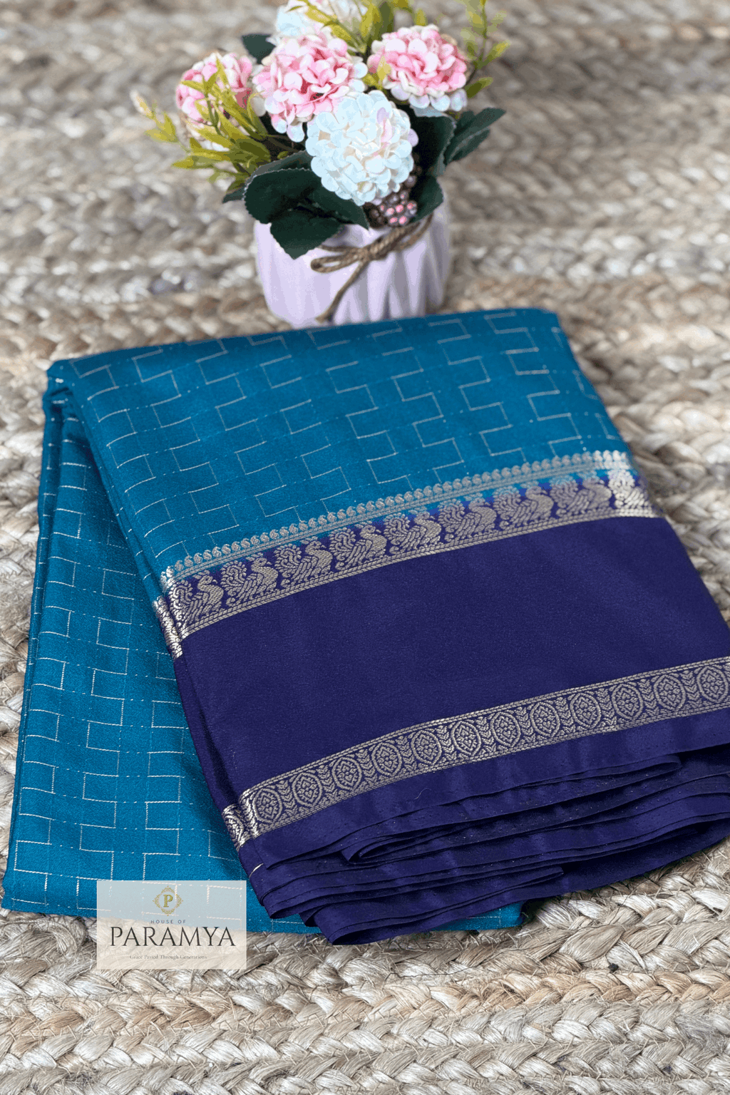 Azure Blue Mysore Silk Saree front view — silver zari border with royal blue contrast | House of Paramya