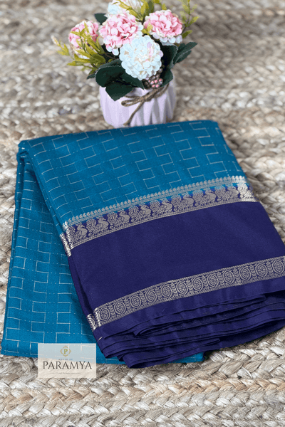 Azure Blue Mysore Silk Saree front view — silver zari border with royal blue contrast | House of Paramya
