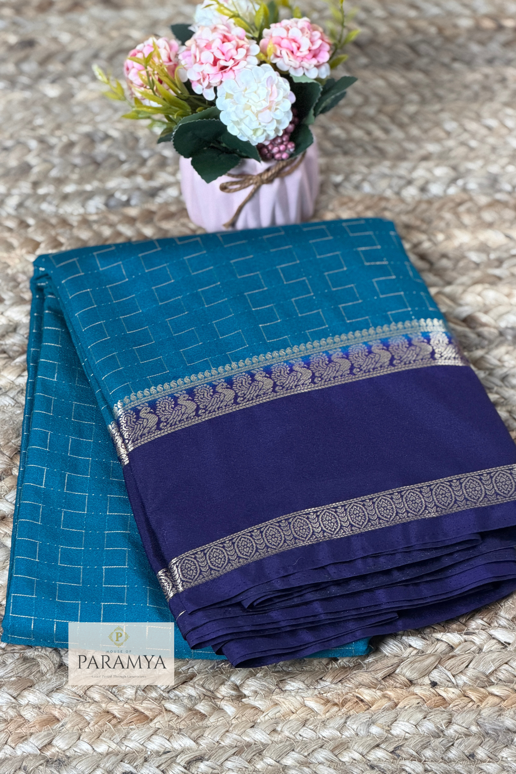 Azure Blue Mysore Silk Saree with Silver Zari Border & Royal Blue