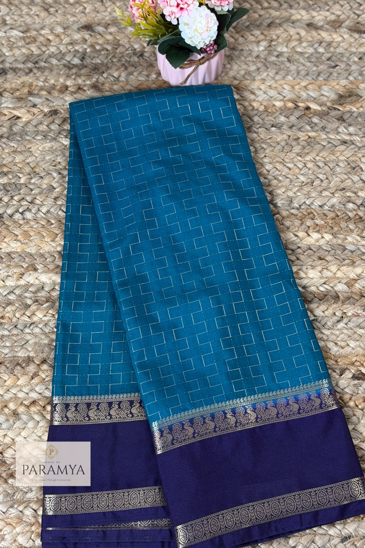 Azure Blue Mysore Silk Saree with Silver Zari Border & Royal Blue