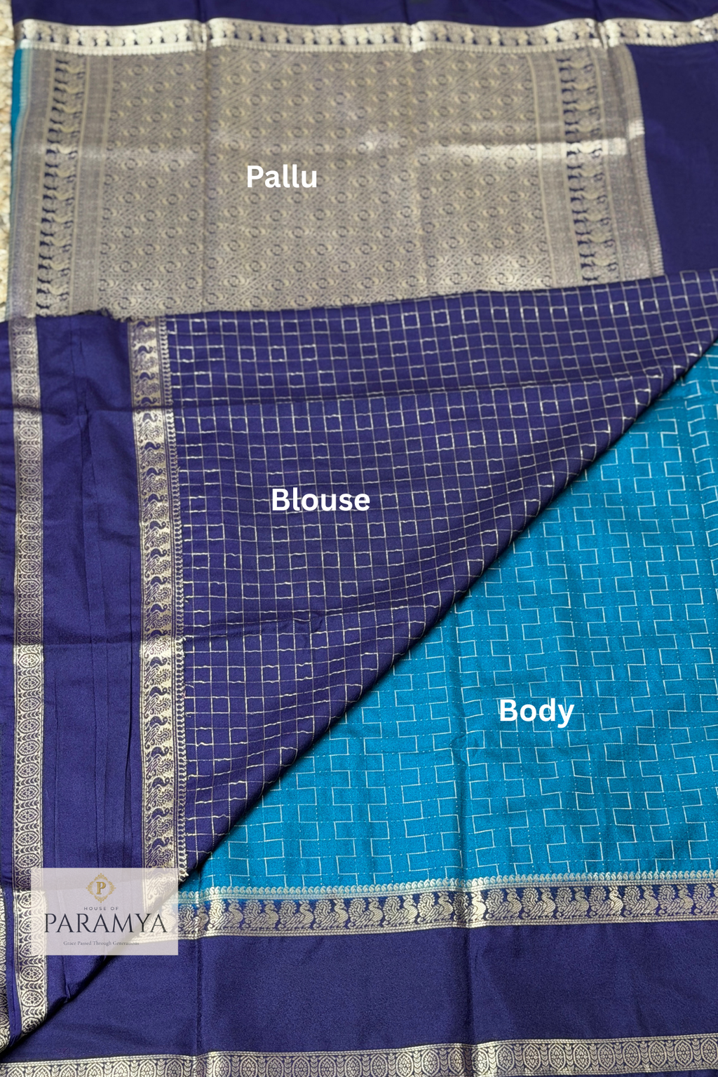 Azure Blue Mysore Silk Saree with Silver Zari Border & Royal Blue