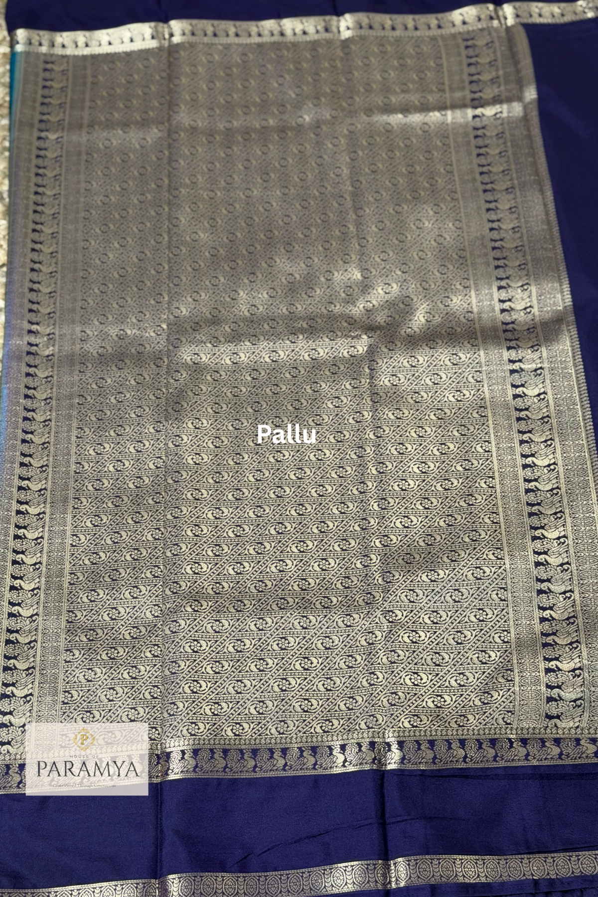 Azure Blue Mysore Silk Saree with Silver Zari Border & Royal Blue