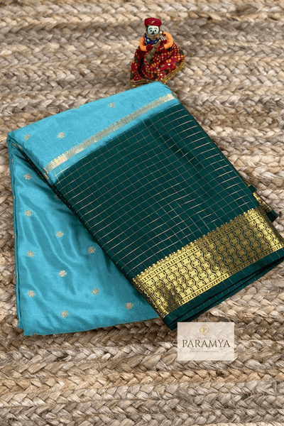 Sea Green and Bottle Green Mysore Silk Saree front view — gold zari border with contrast pallu | House of Paramya