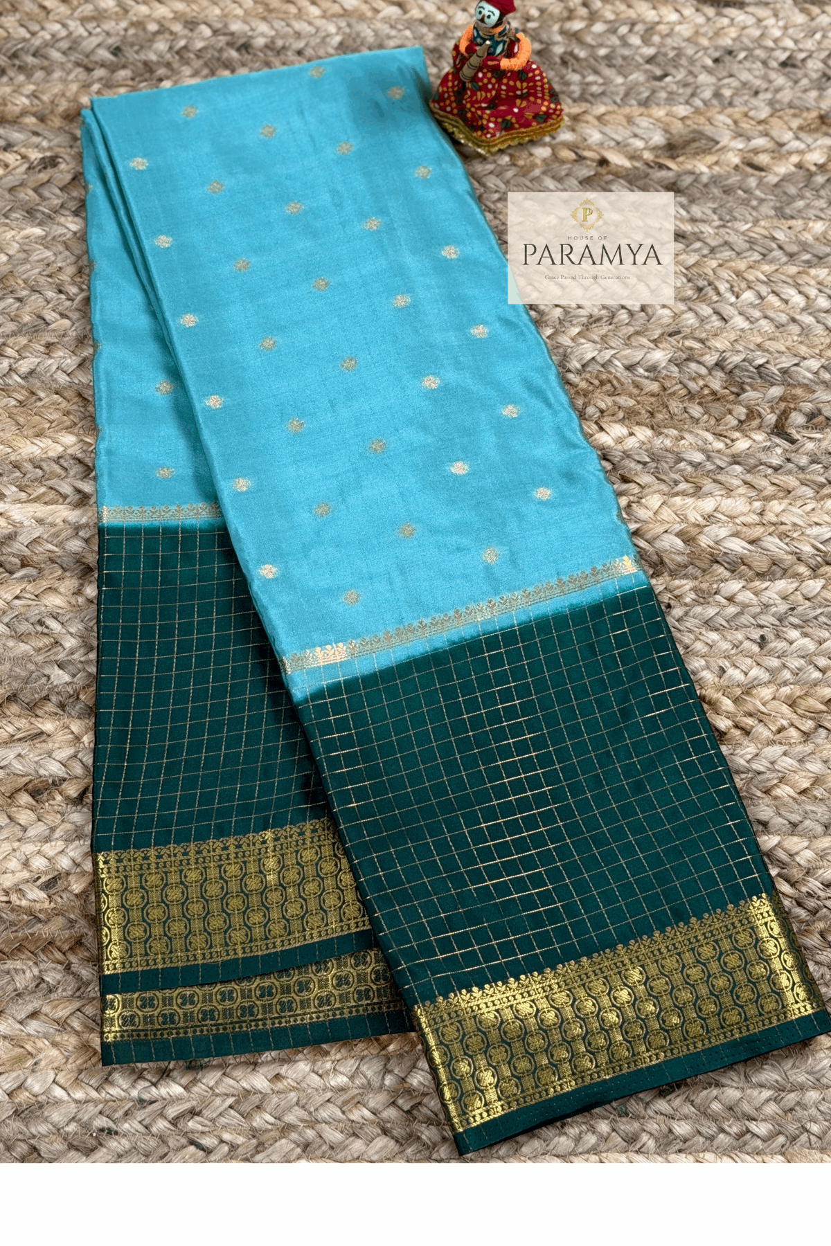  Sea Green Mysore Silk Saree border close-up — traditional gold zari gap border with checks | House of Paramya