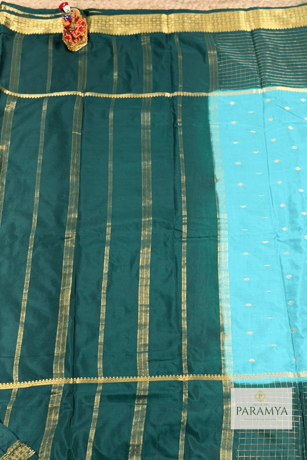  Sea Green Mysore Silk Saree drape view — dark green pallu with vertical gold zari stripes | House of Paramya