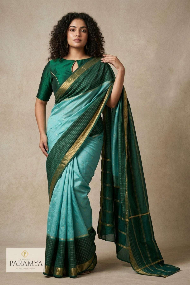 Sea and Bottle Green Mysore Silk Saree Drape view — sea green body with bottle green contrast border | House of Paramya