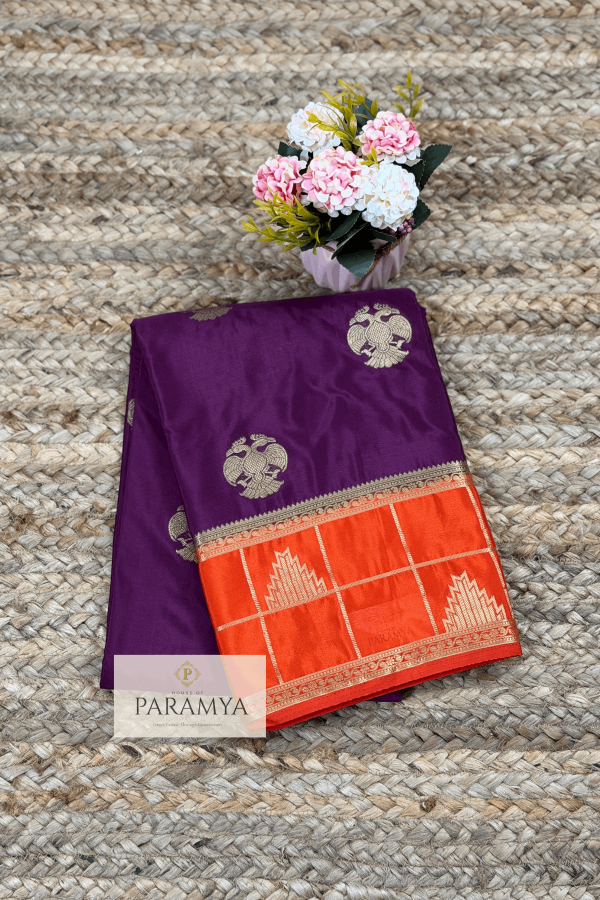 Deep Wine Mysore Silk Saree front view — Gandaberunda motifs with contrast temple border | House of Paramya