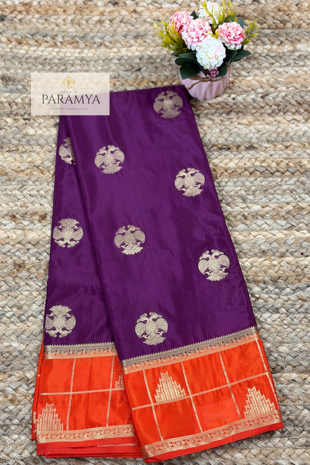 Deep Wine Mysore Silk Saree with Gandaberunda Motifs & Temple Border