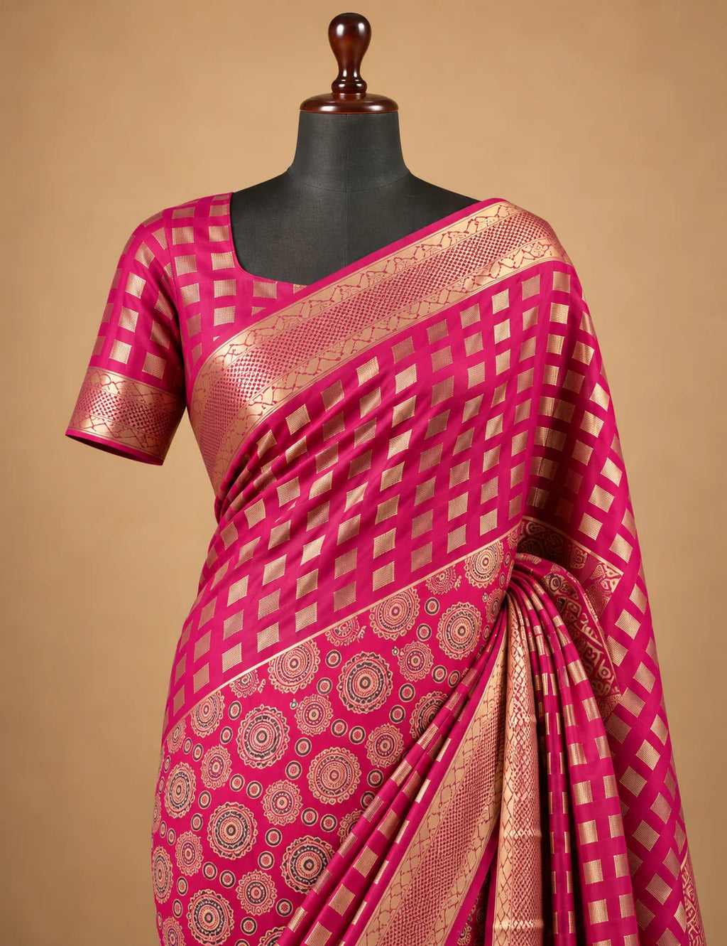 House Of Paramya deep purple Mysore crepe silk saree featuring gold woven checks, mandala motifs, and a zari border.