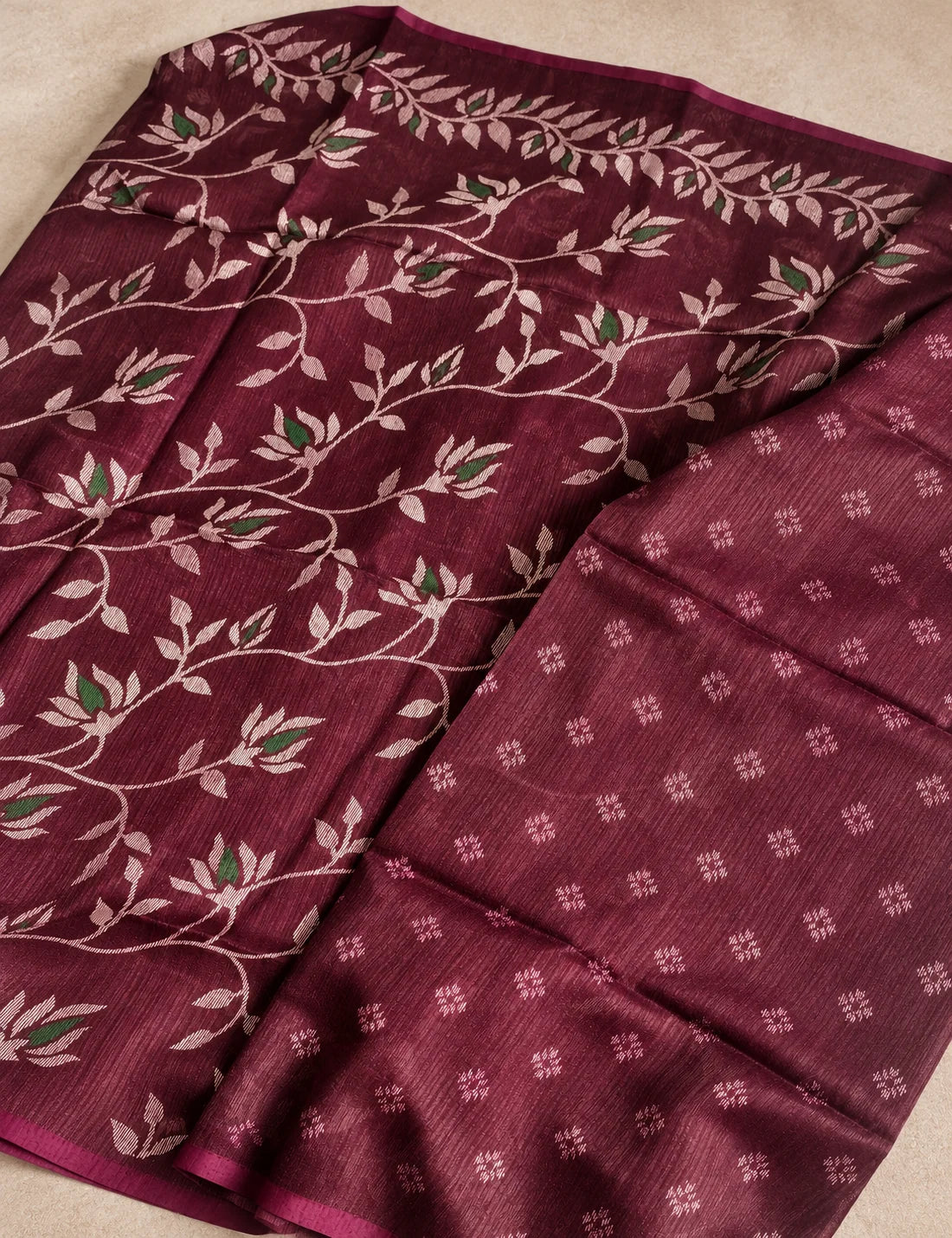 Chanderi Cotton Saree - Wine with Pink Leaf & Vine Motifs