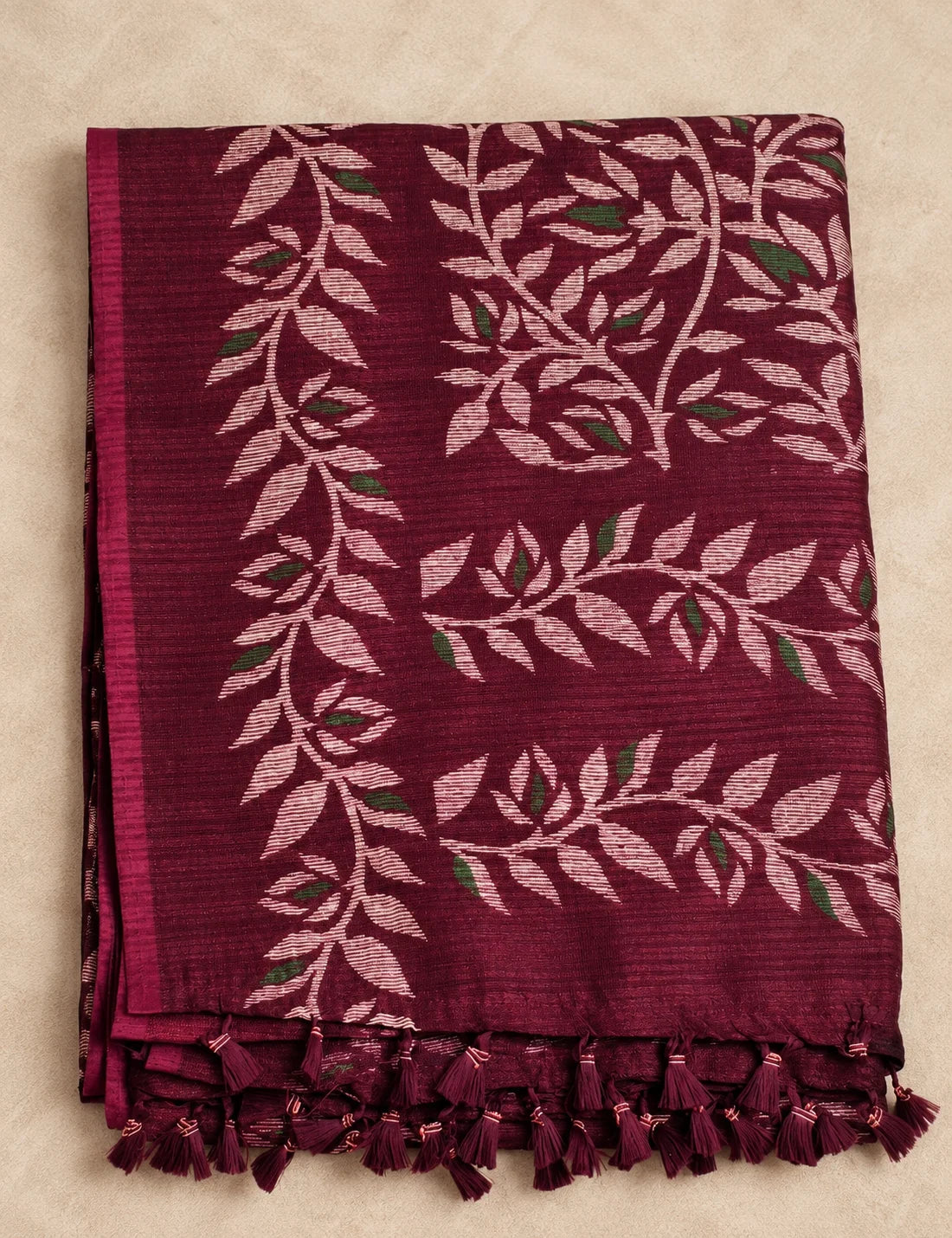 Chanderi Cotton Saree - Wine with Pink Leaf & Vine Motifs