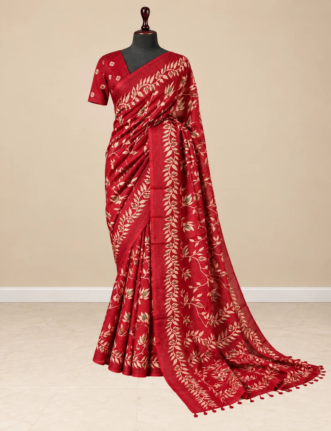 Chanderi Cotton Saree - Wine with Pink Leaf & Vine Motifs