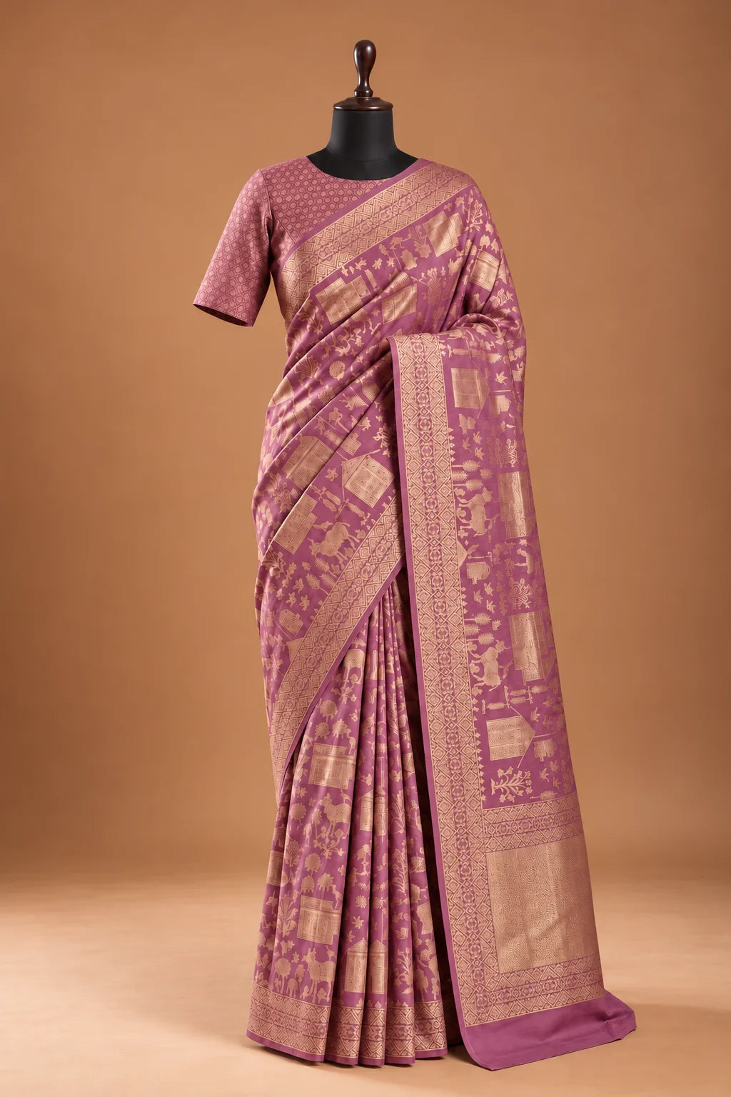 Vegan Viscose Silk Saree - Sage Green with Gold Zari Pastoral Brocade Weave