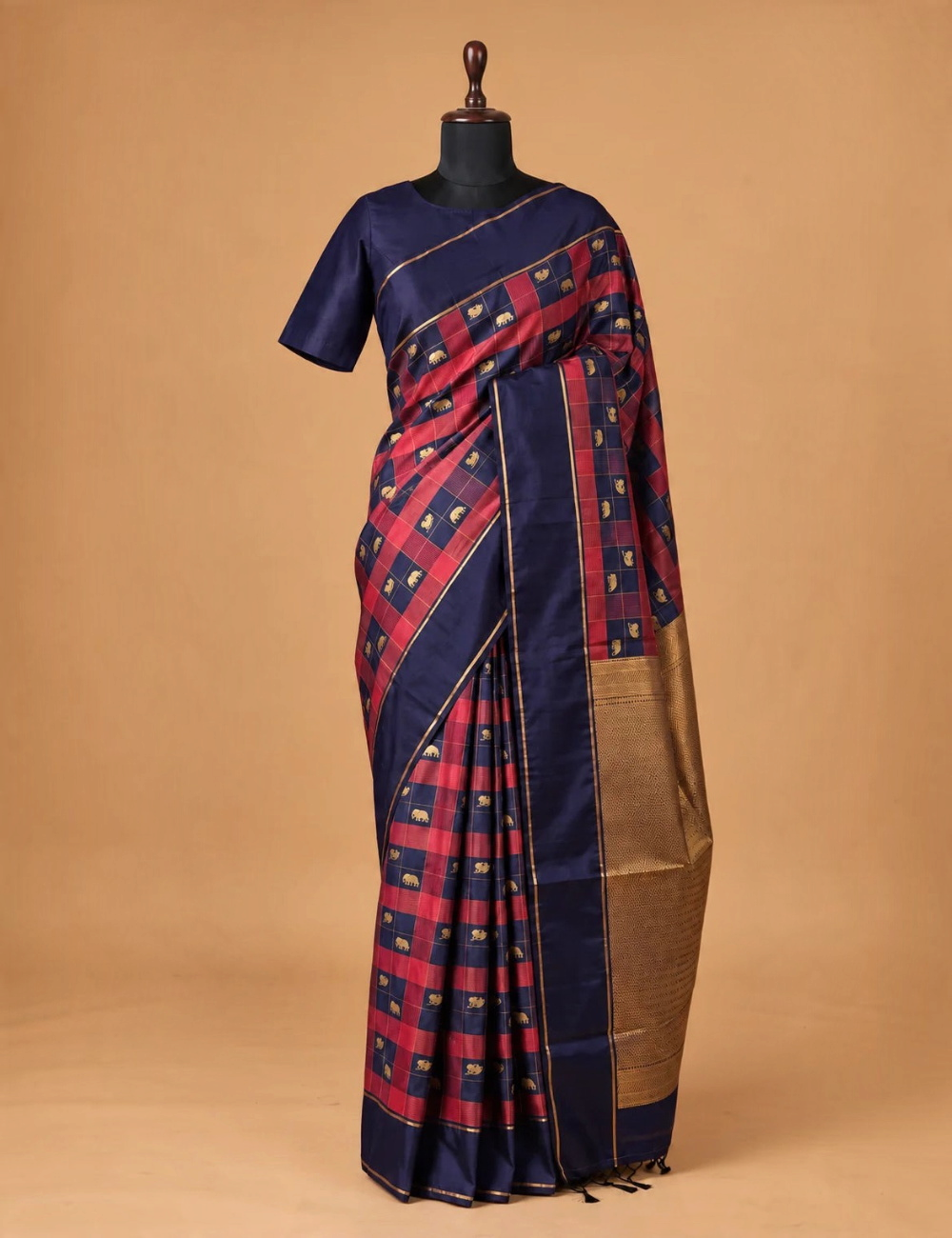 House Of Paramya plum purple soft silk saree with teal green checks, gold zari elephant motifs, and antique gold pallu