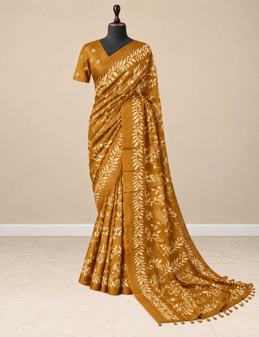 Chanderi Cotton Saree - Wine with Pink Leaf & Vine Motifs