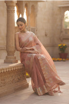 Dusty Peach Organza Saree with Silver-Gold Woven Butti & Zari Border