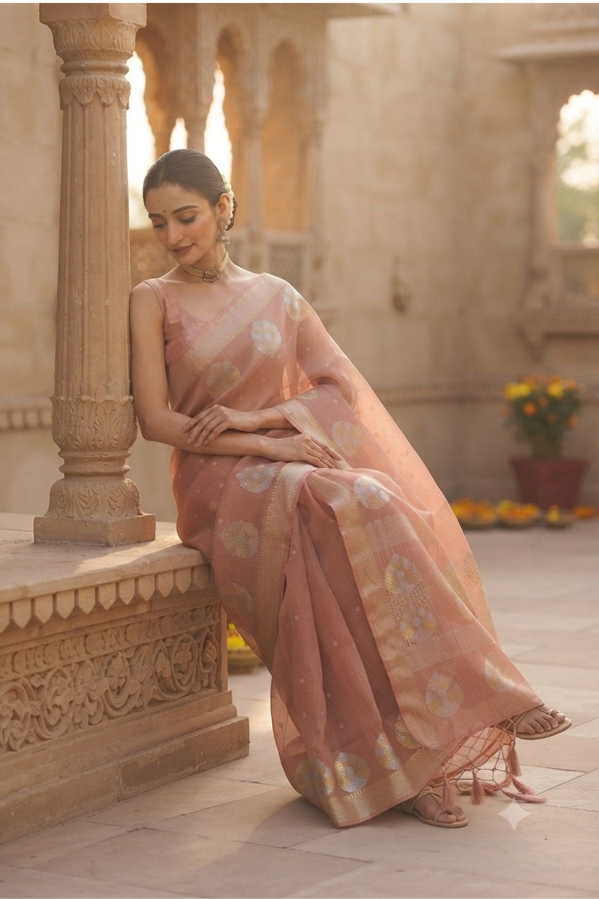 Dusty Peach Organza Saree with Silver-Gold Woven Butti & Zari Border