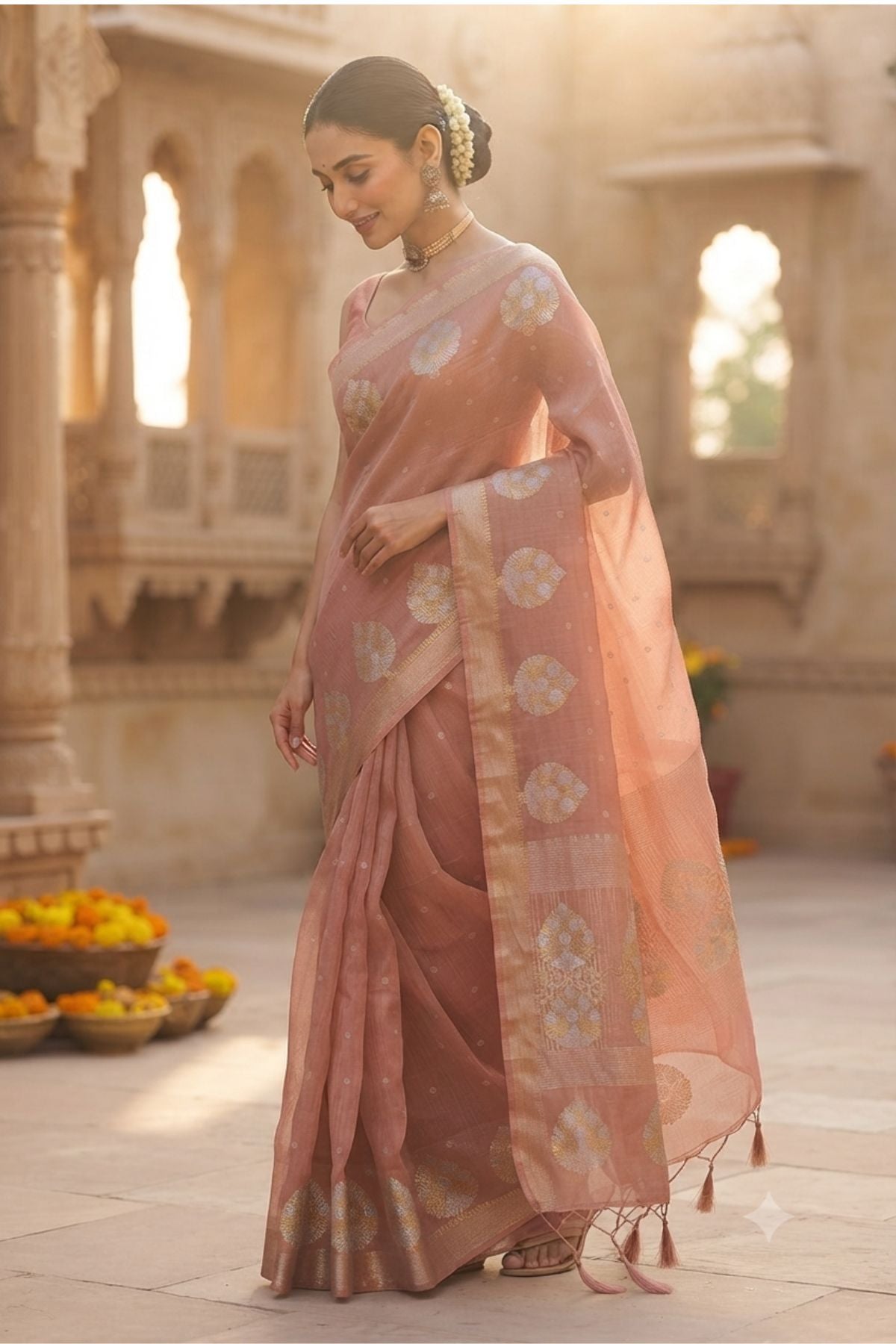 Dusty Peach Organza Saree with Silver-Gold Woven Butti & Zari Border