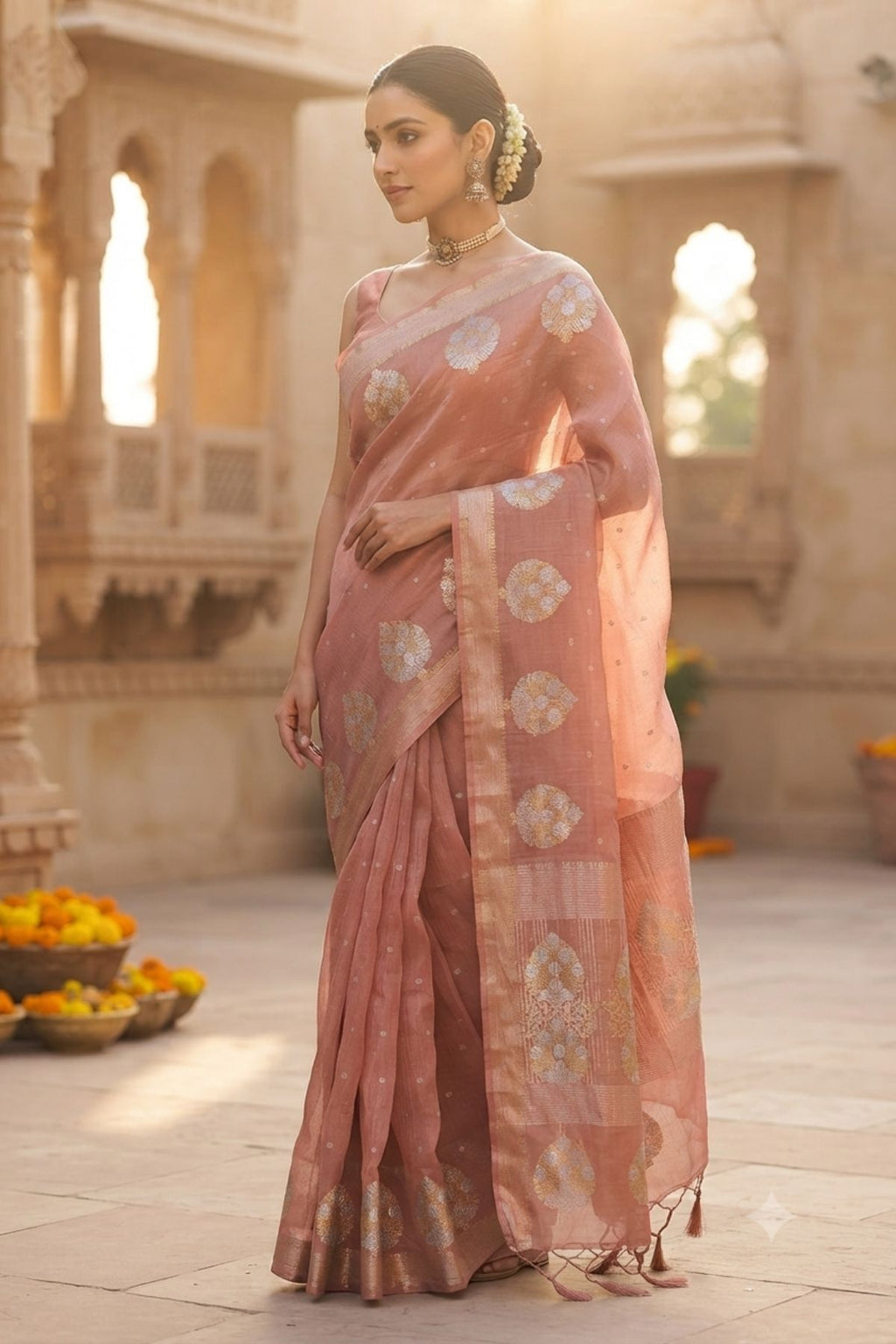 Dusty Peach Organza Saree with Silver-Gold Woven Butti & Zari Border
