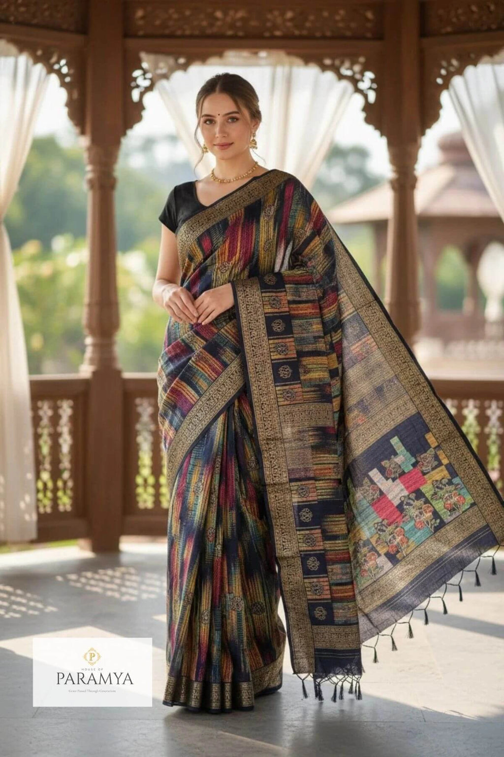 Sambalpuri silk saree with multicolor Ikat print front view | House Of Paramya