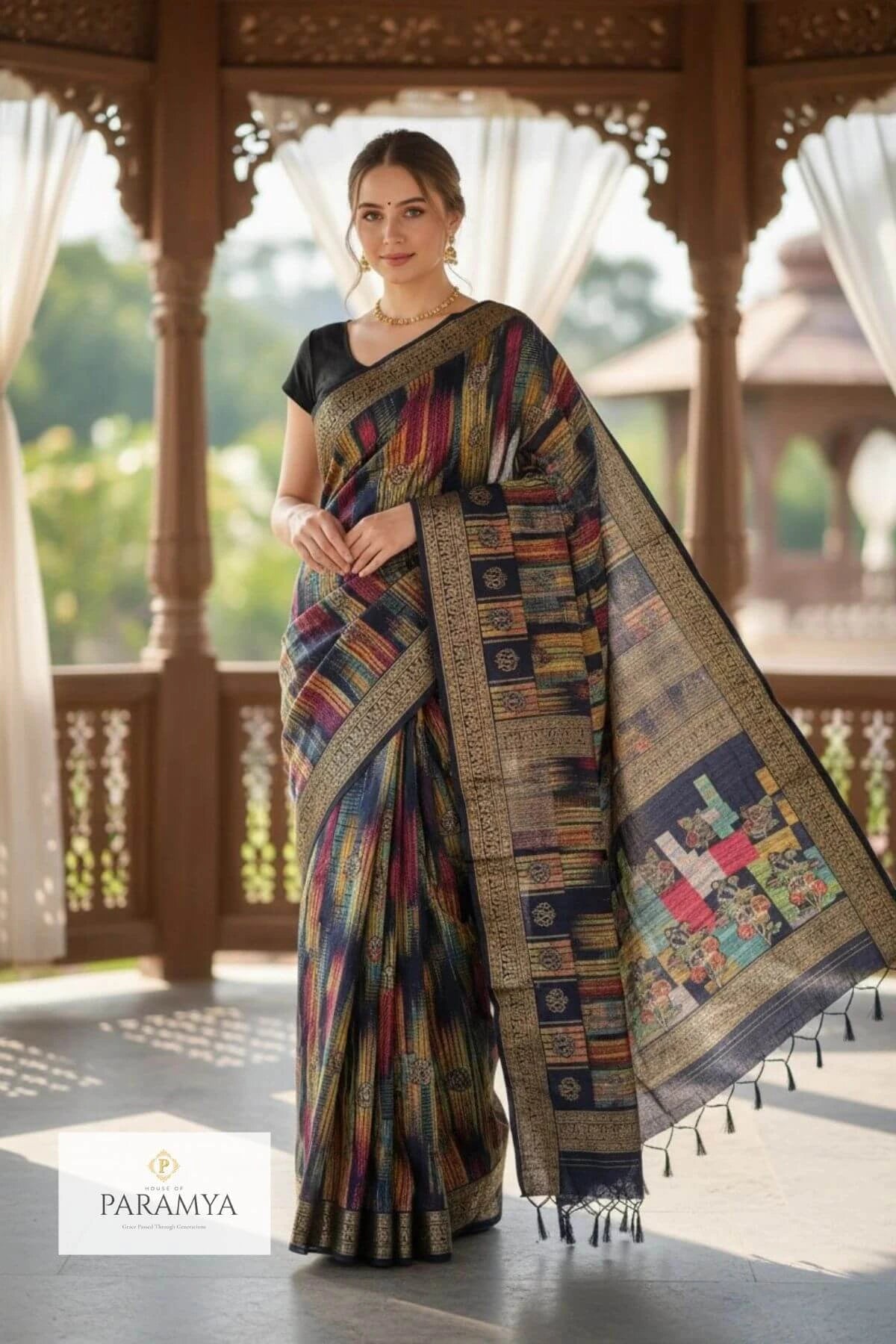Sambalpuri silk saree with multicolor Ikat print front view | House Of Paramya