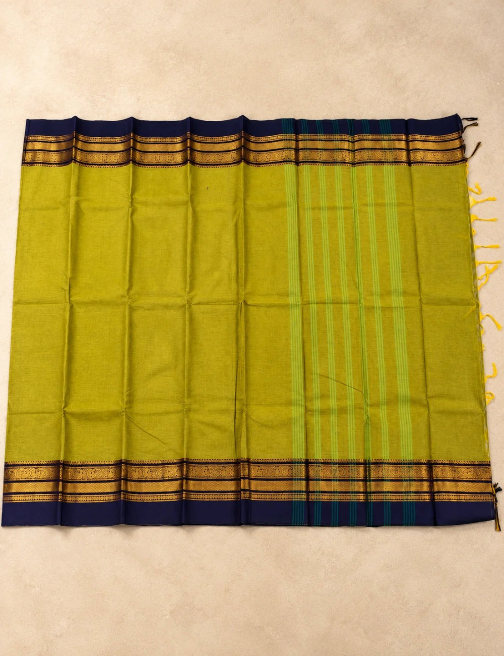 House Of Paramya olive green Chettinad cotton saree with navy blue and gold zari border and striped pallu