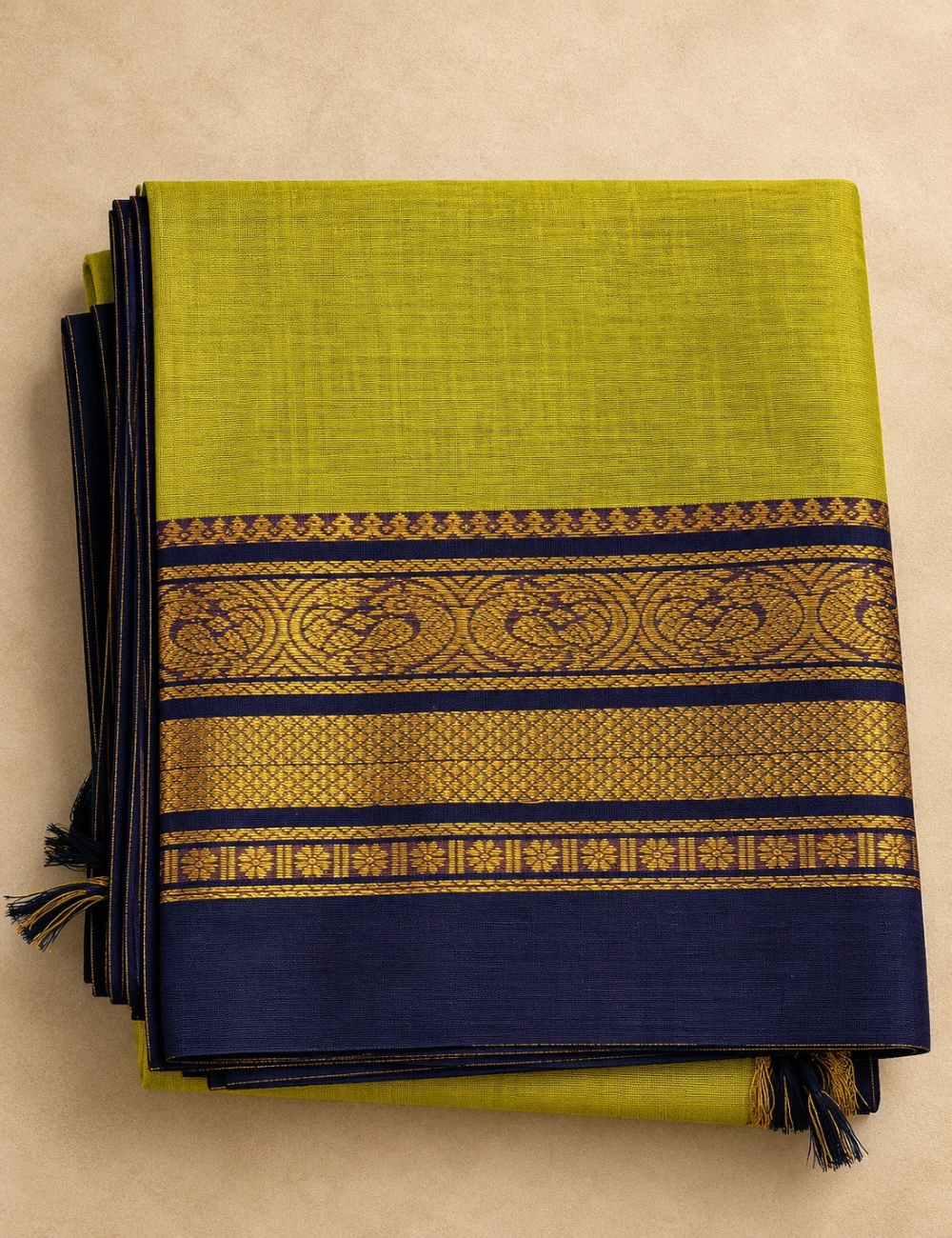 Chettinad Cotton Saree - Olive Green with Navy Blue Gold Zari Border & Striped Pallu