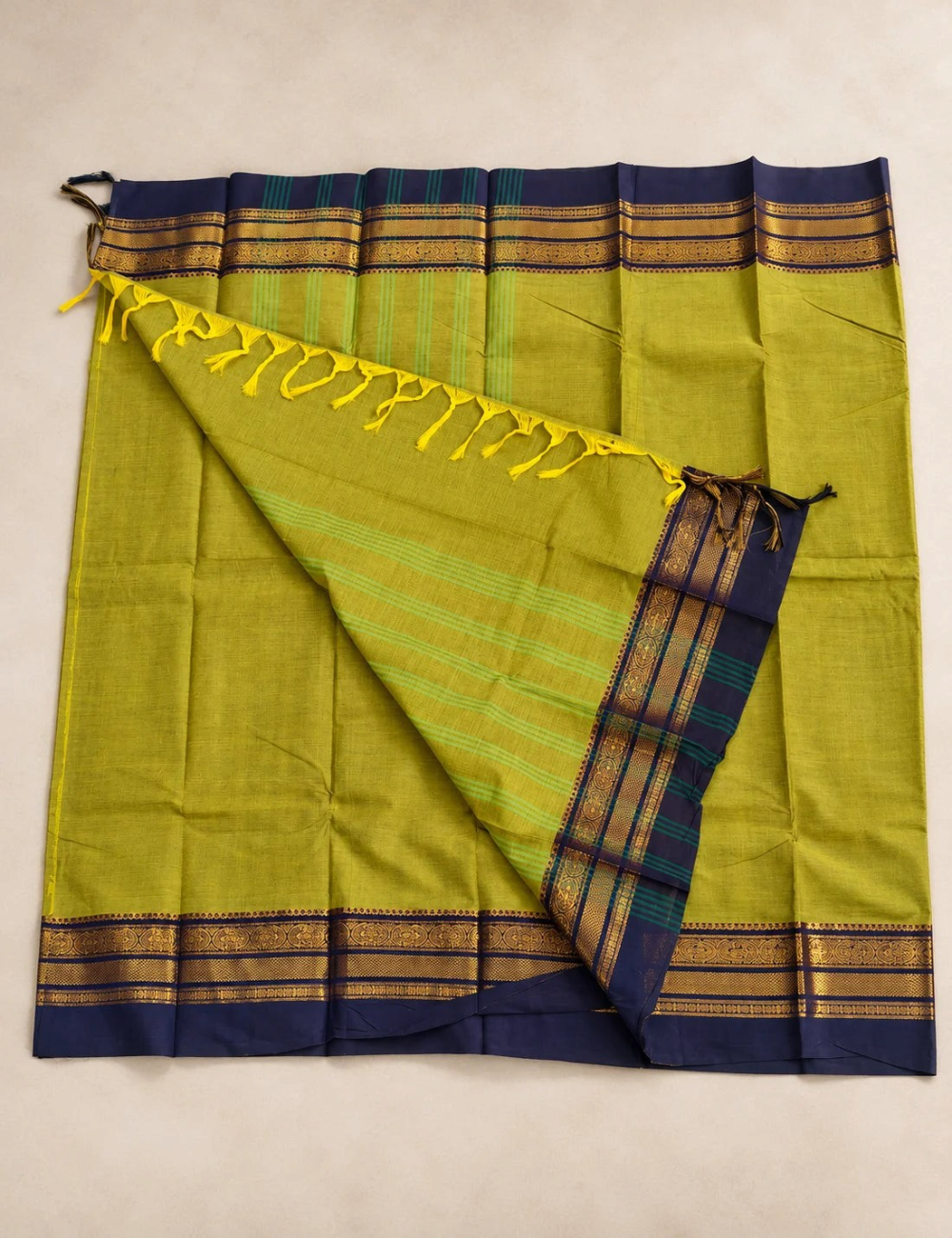 Chettinad Cotton Saree - Olive Green with Navy Blue Gold Zari Border & Striped Pallu