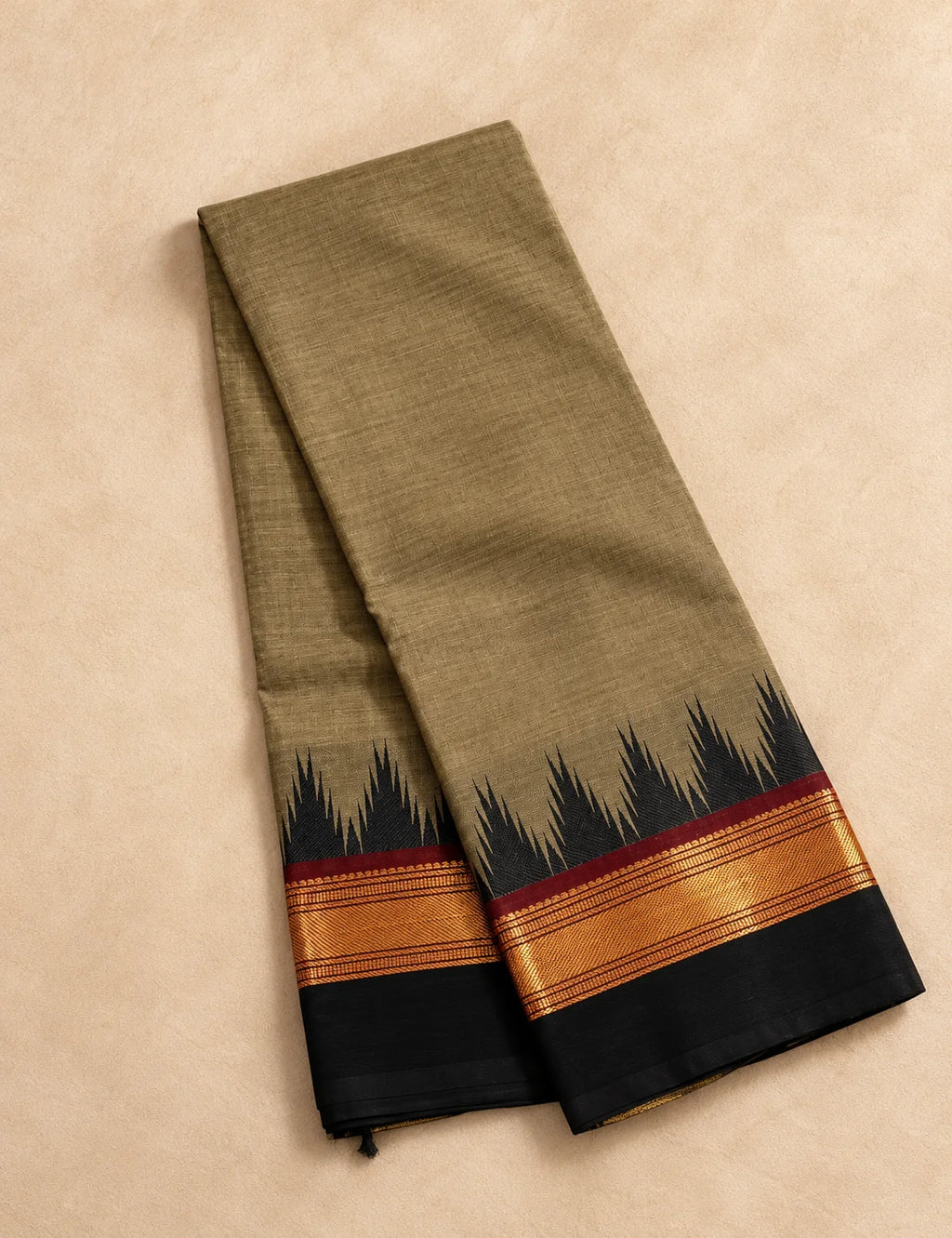 Chettinad Cotton Saree - Khaki Olive with Black Temple Border & Gold Zari
