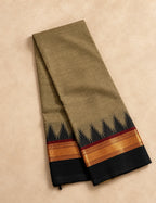 Chettinad Cotton Saree - Khaki Olive with Black Temple Border & Gold Zari