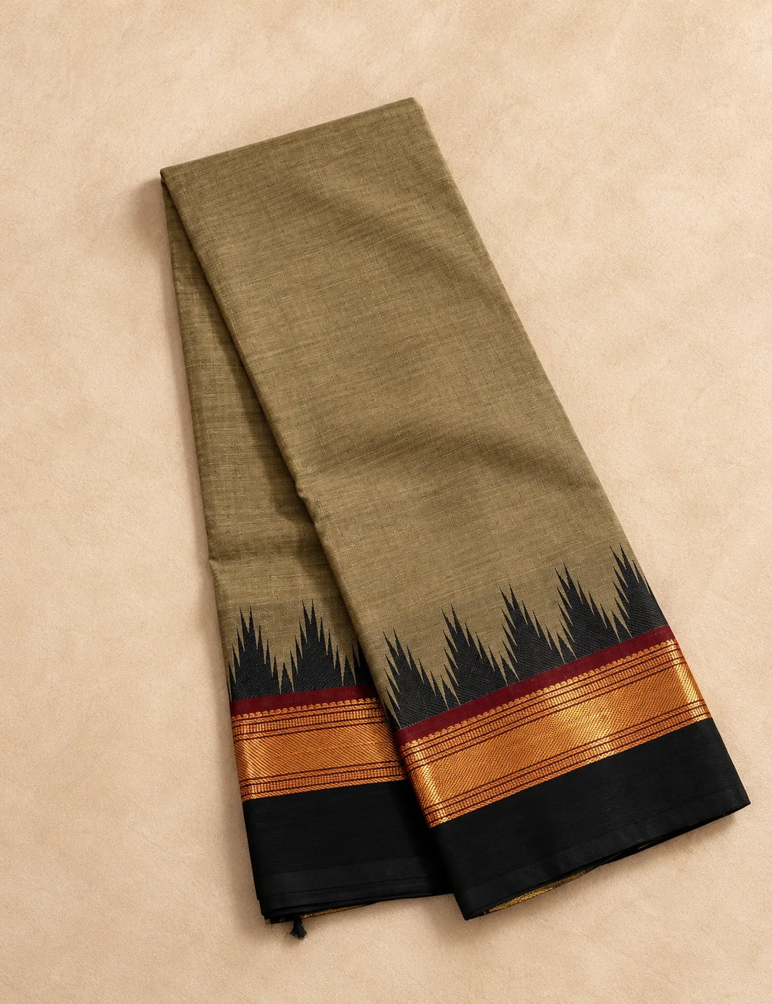 Chettinad Cotton Saree - Khaki Olive with Black Temple Border & Gold Zari