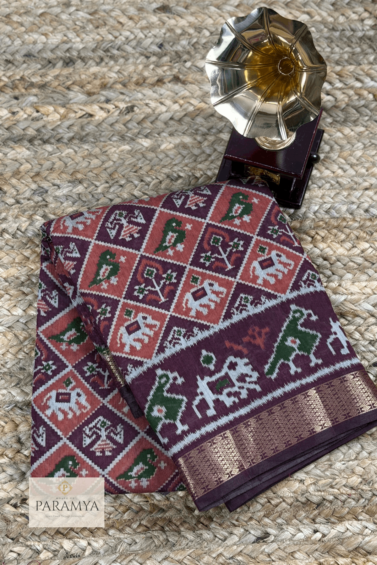 Brown Pen Kalamkari Saree front view — hand-painted traditional motifs on earthy brown | House of Paramya