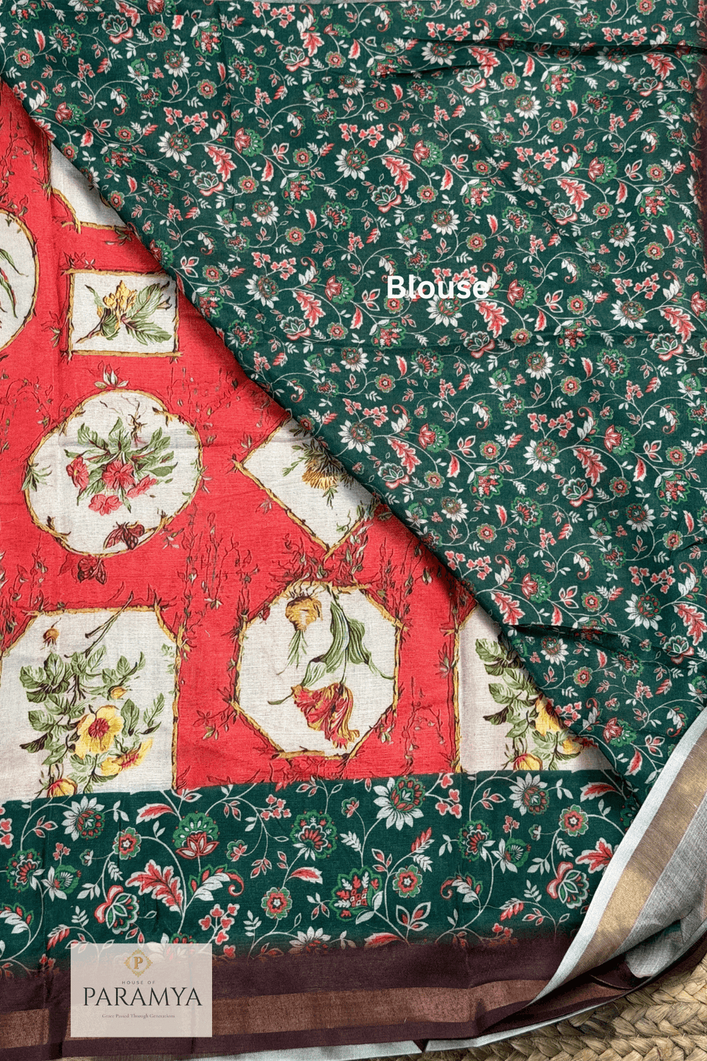 Peach and Green Kalamkari Saree Blouse Details— green border with kalamkari motif print | House of Paramya