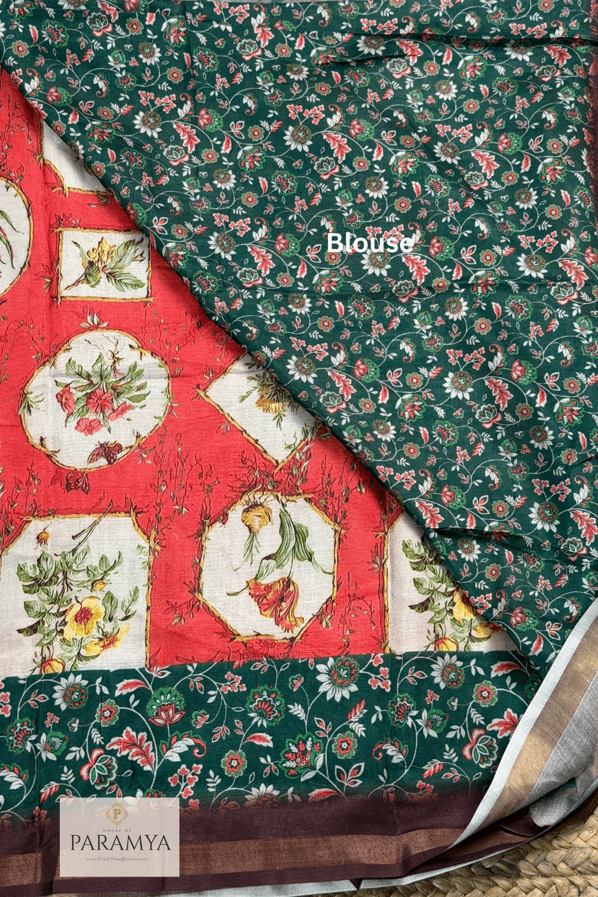 Peach and Green Kalamkari Saree Blouse Details— green border with kalamkari motif print | House of Paramya