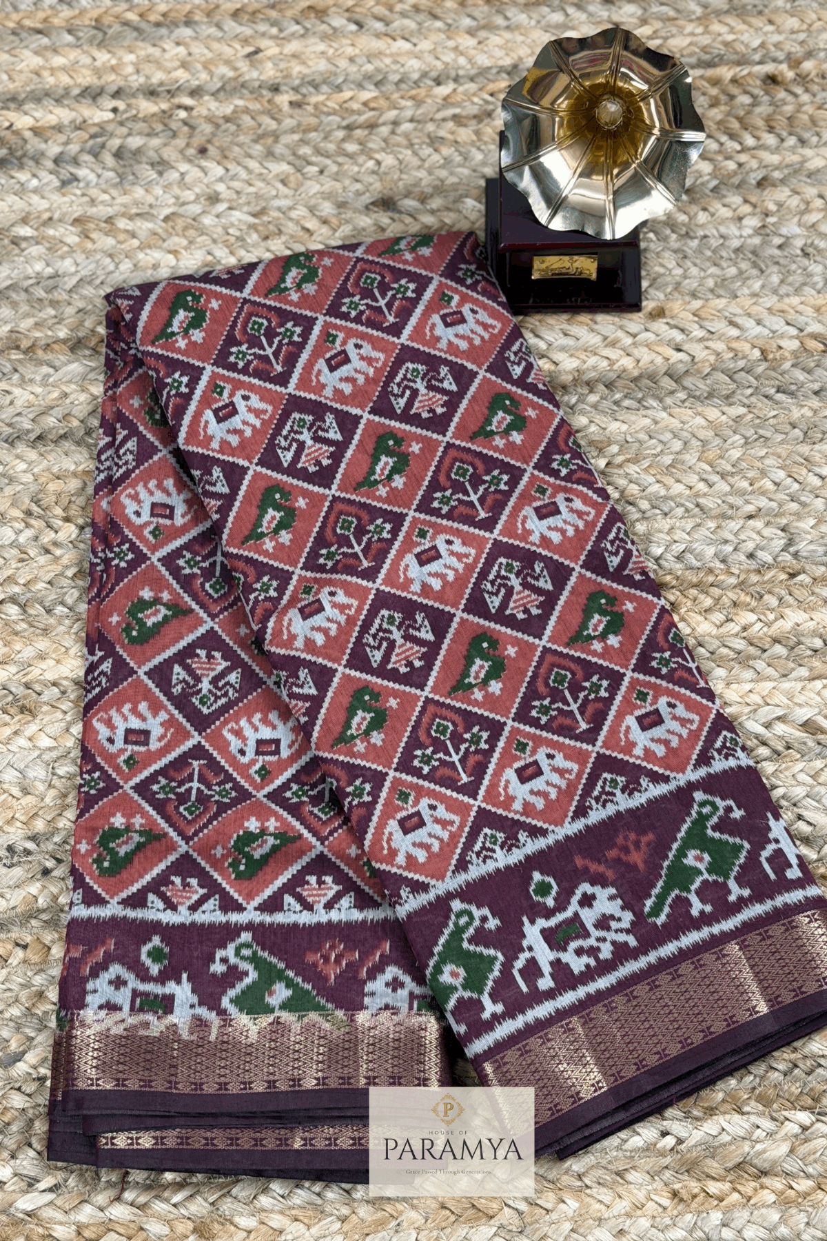 Brown Pen Kalamkari Saree  view — pen kalamkari motifs with contrast border | House of Paramya