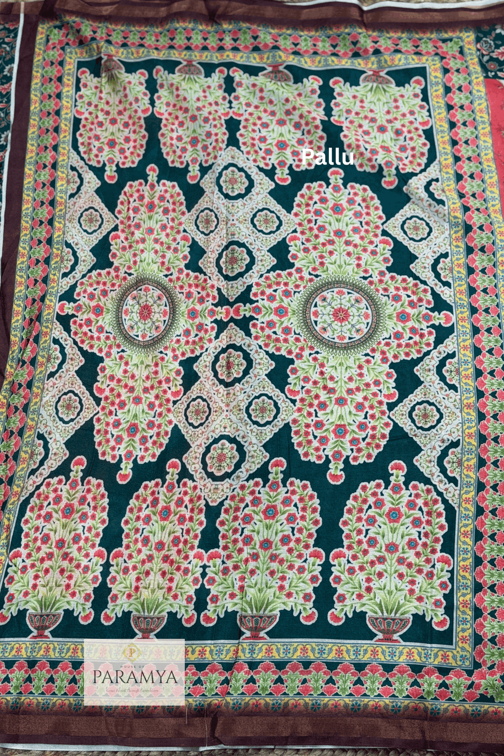 Peach and Green Kalamkari Saree Pallu view — green border with kalamkari motif print | House of Paramya