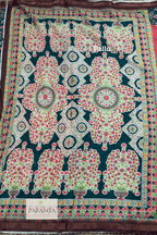 Peach and Green Kalamkari Saree Pallu view — green border with kalamkari motif print | House of Paramya