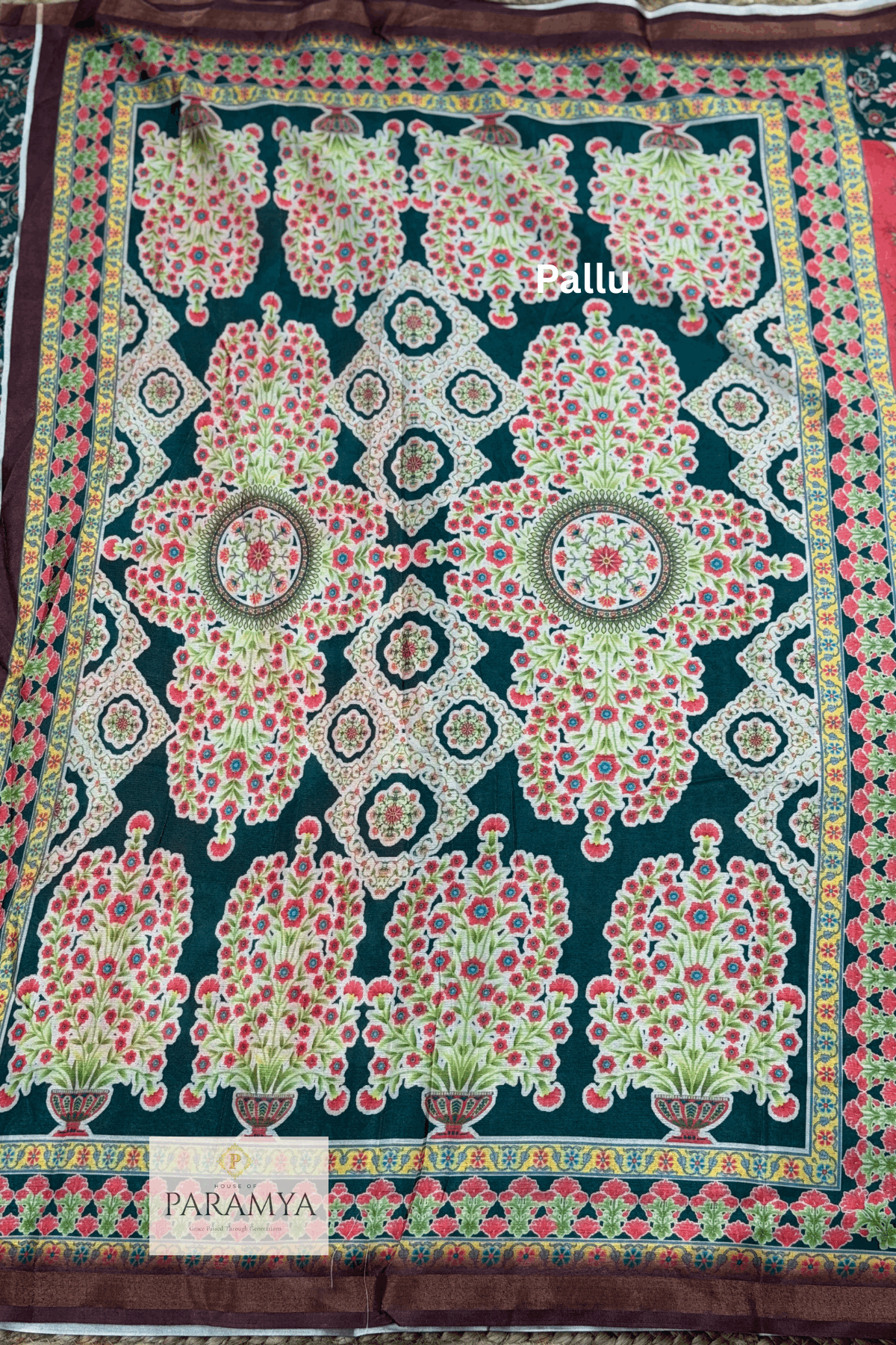 Peach and Green Kalamkari Saree Pallu view — green border with kalamkari motif print | House of Paramya