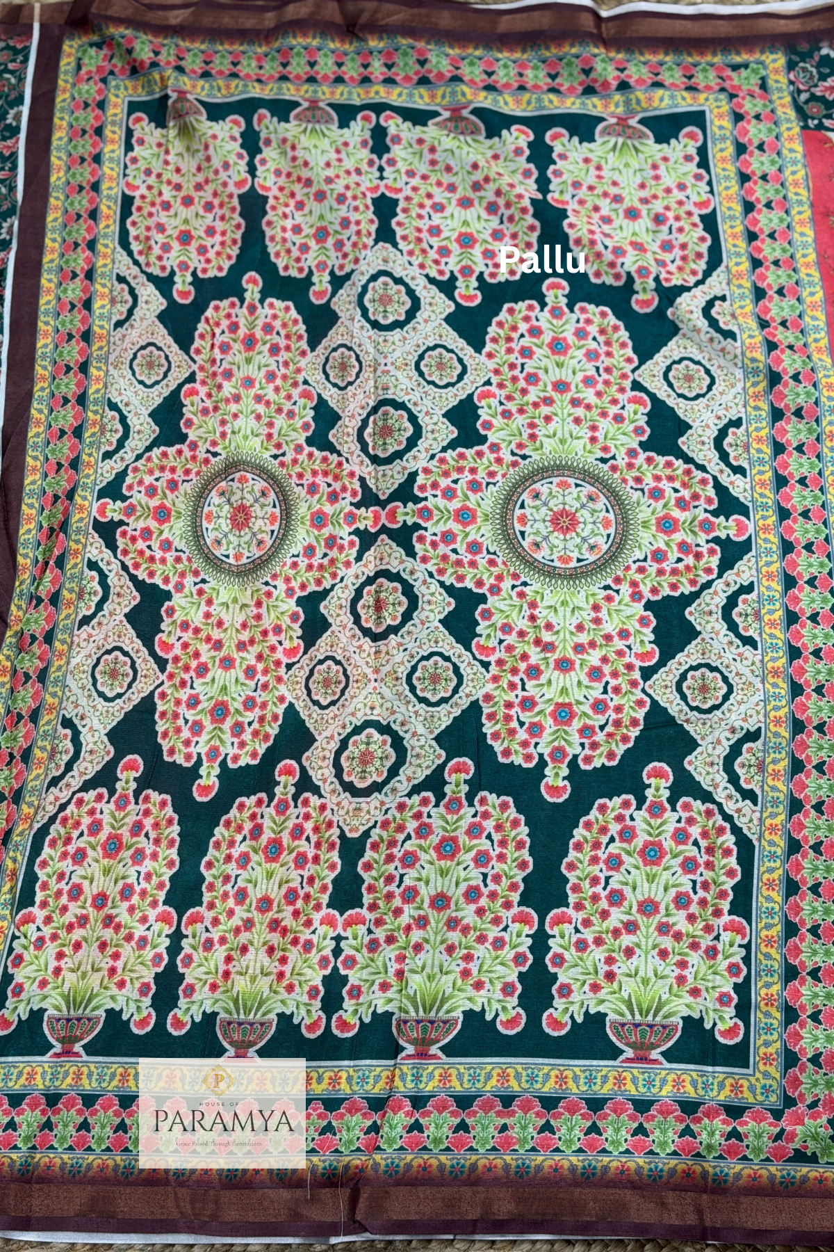 Peach and Green Kalamkari Printed Saree