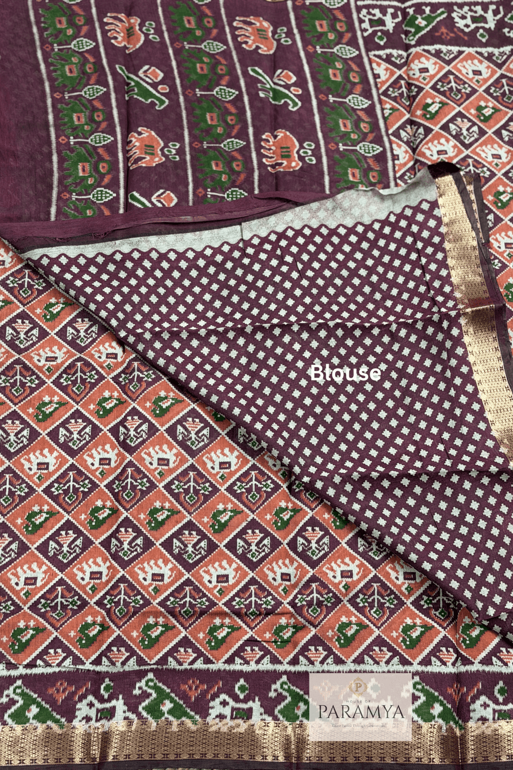 Brown Pen Kalamkari Saree motif close-up and Blouse- detailed pen kalamkari hand-painted artwork | House of Paramya