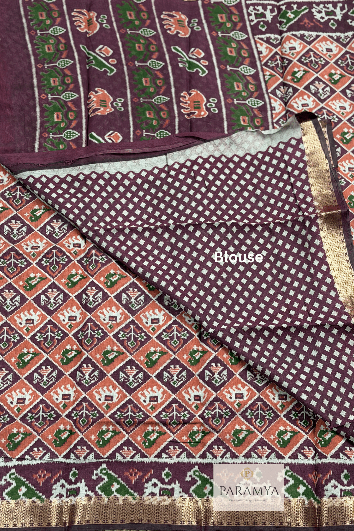 Brown Pen Kalamkari Saree motif close-up and Blouse- detailed pen kalamkari hand-painted artwork | House of Paramya