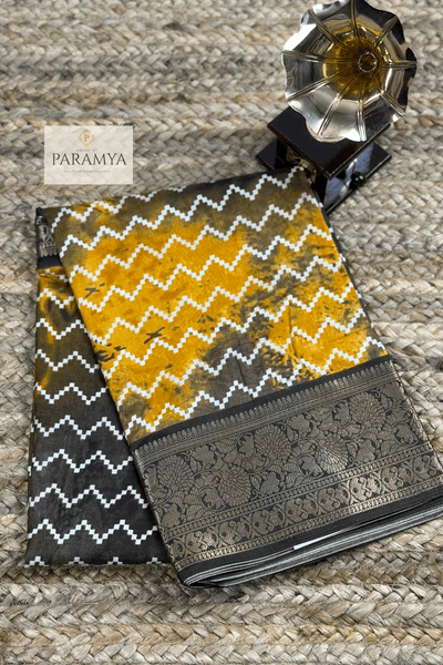 Mustard Yellow and Black Printed Saree front view — bold contrast print pattern | House of Paramya