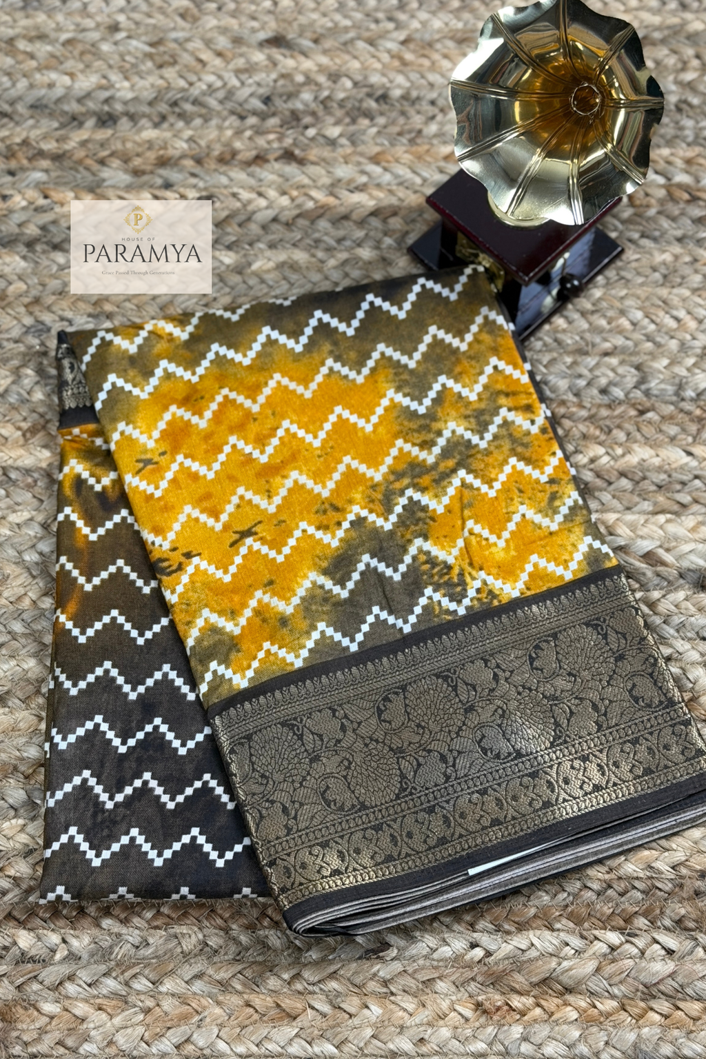 Mustard Yellow and Black Printed Saree