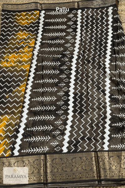 Mustard Yellow and Black Printed Saree Pallu View — close-up of contrast print motifs | House of Paramya