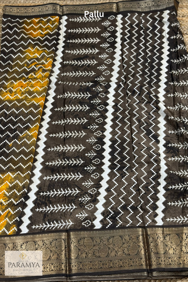 Mustard Yellow and Black Printed Saree