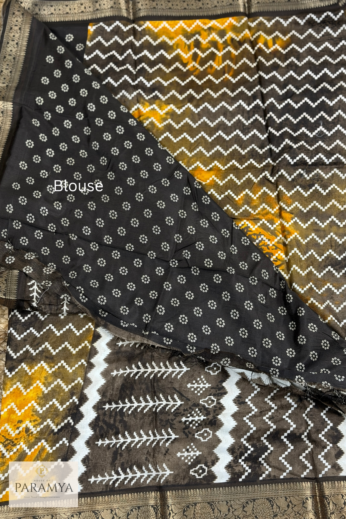 Mustard Yellow and Black Printed Saree