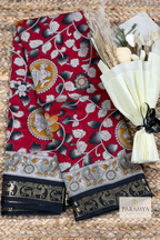 Red Floral Printed Saree with Black Deer Zari Border
