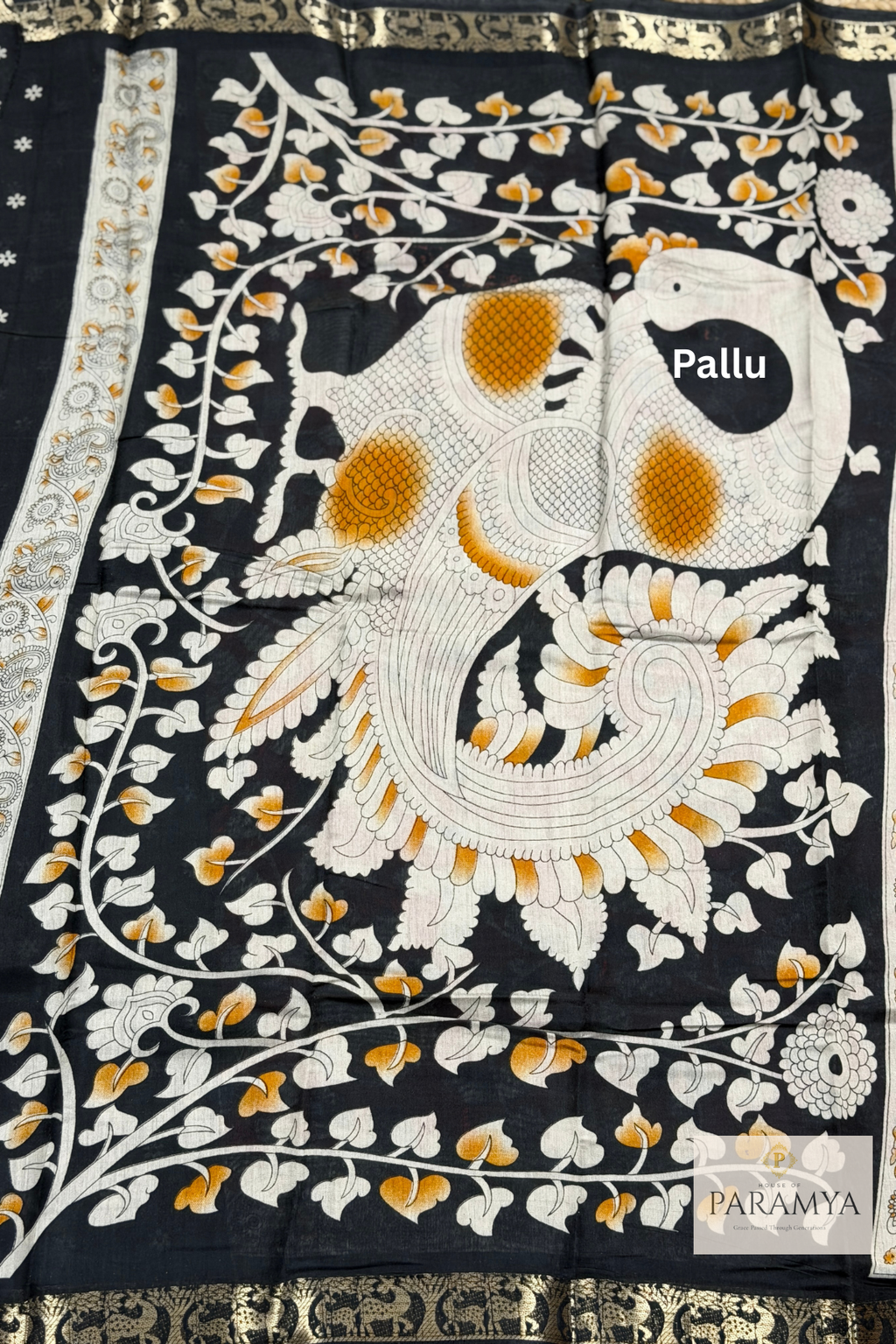 Red Floral Printed Saree with Black Deer Zari Border