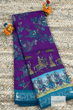 Purple Pen Kalamkari Saree front view — hand-painted motifs with teal zari border | House of Paramya