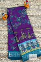 Purple Pen Kalamkari Saree with Teal Zari Border